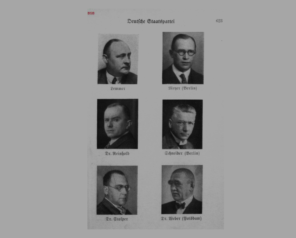 Deutsche Staatspartei parliamentary portraits, c. 1930 — August Weber listed as Dr. Weber (Potsdam), bottom right