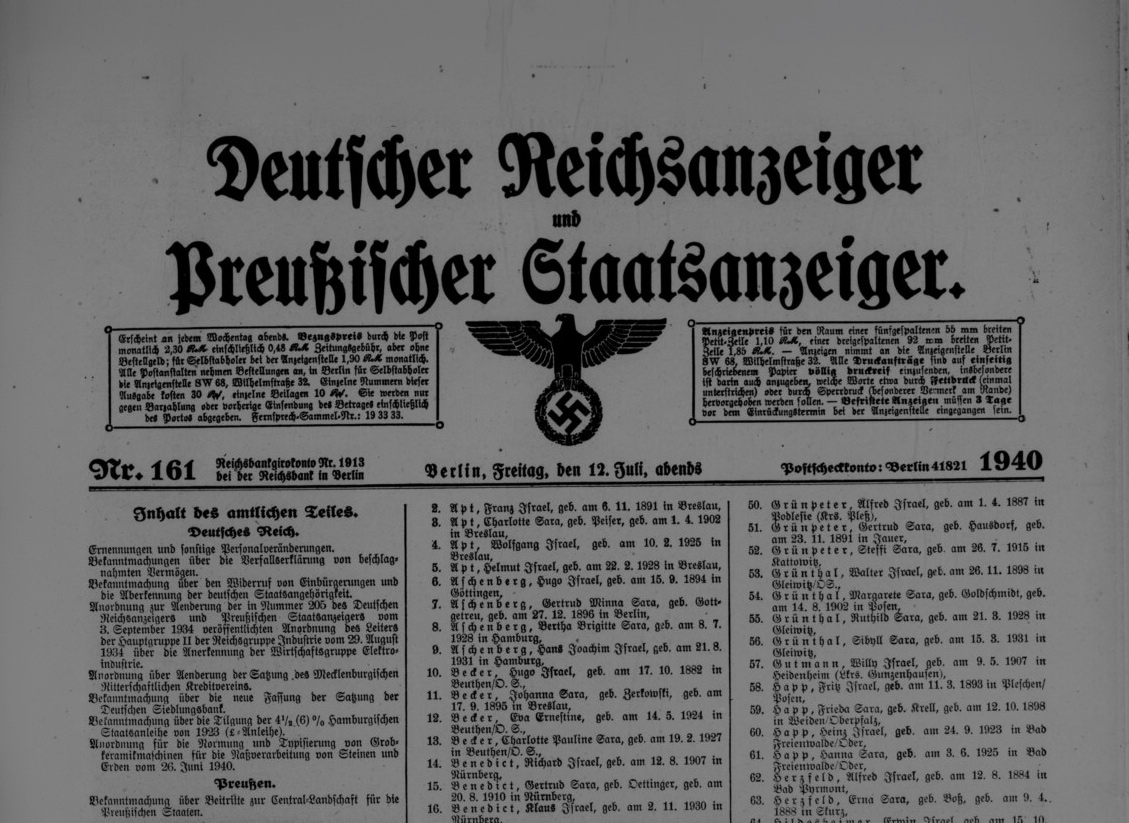 A page from the Reichsanzeiger, the Nazi regime's official gazette, announcing denaturalisations, July 1940.